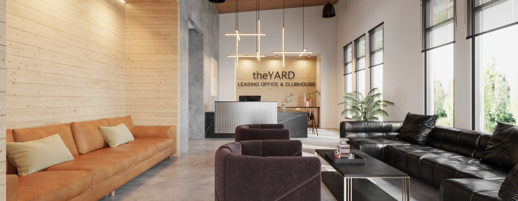 clubhouse with sectional and table